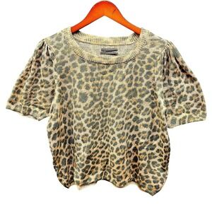 Anthropologie Sweater Top Women's Large Pink Green Leopard Puff Sleeve Knit